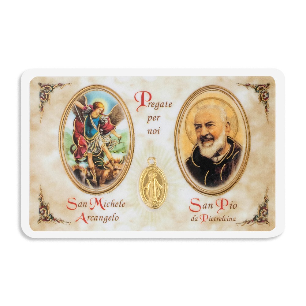 Card plastificata di San Pio e San Michele Arcangelo