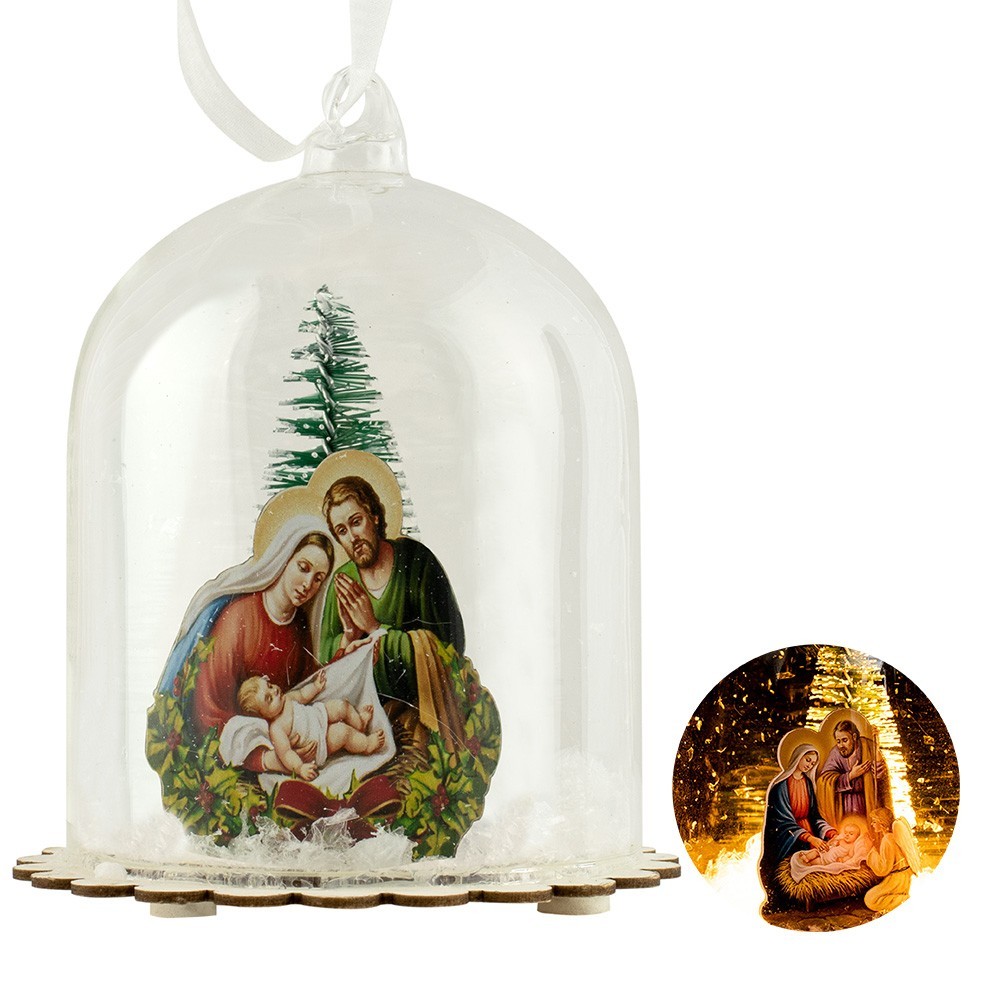 Campana in vetro per albero con luce led e sacra famiglia natalizia.